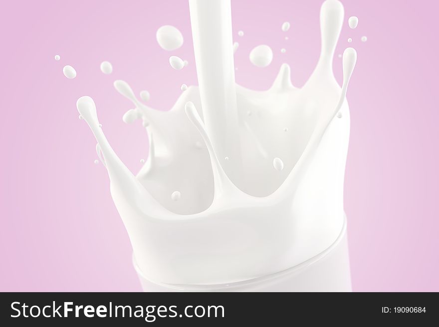 Splashing milk in a glass on a pink background