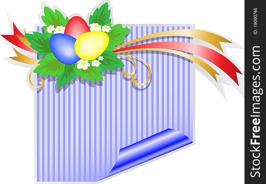 Three Easter eggs with a bouquet on the blue-striped sticker. Three Easter eggs with a bouquet on the blue-striped sticker