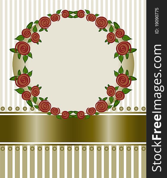Round frame of red roses on a striped background