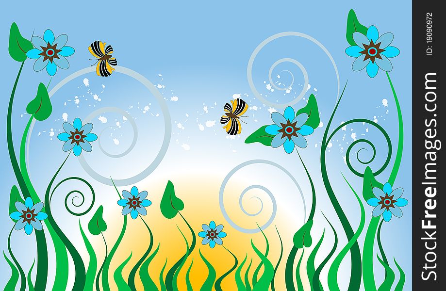 Blue flowers and butterflies in the grass at sunrise.Background.Wallpaper. Blue flowers and butterflies in the grass at sunrise.Background.Wallpaper.