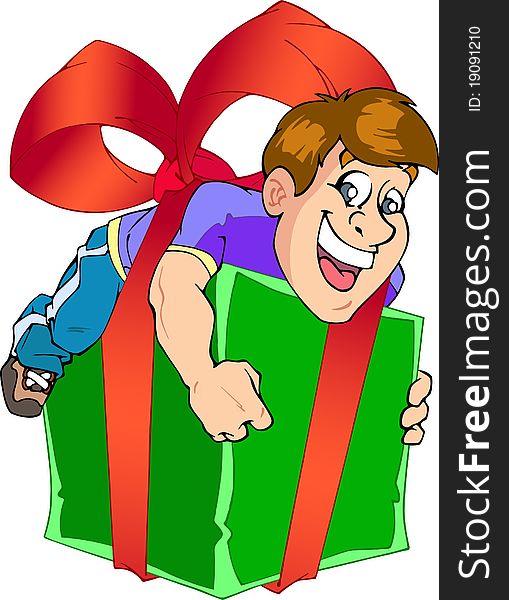 The illustration shows a funny man.It lies on the gift box and tied with red ribbon.Additionally, a vector EPS format. The illustration shows a funny man.It lies on the gift box and tied with red ribbon.Additionally, a vector EPS format