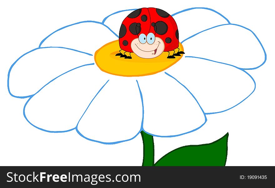 Ladybird cartoon character over flower. Ladybird cartoon character over flower