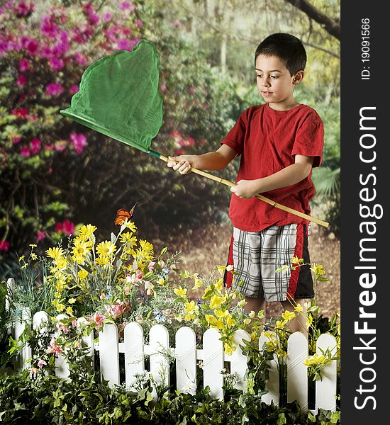 A young elementary boy catching butterflies in a beautiful flower garden. A young elementary boy catching butterflies in a beautiful flower garden.