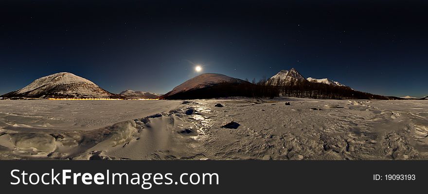 Panorama moonlight from sea ice in the winter