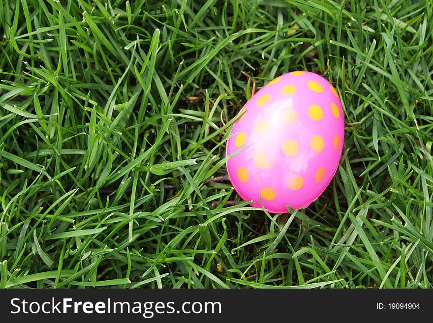 A spotted Easter egg hidden in the grass