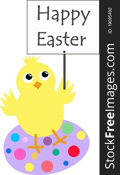 A cute yellow chicken with a happy easter sign