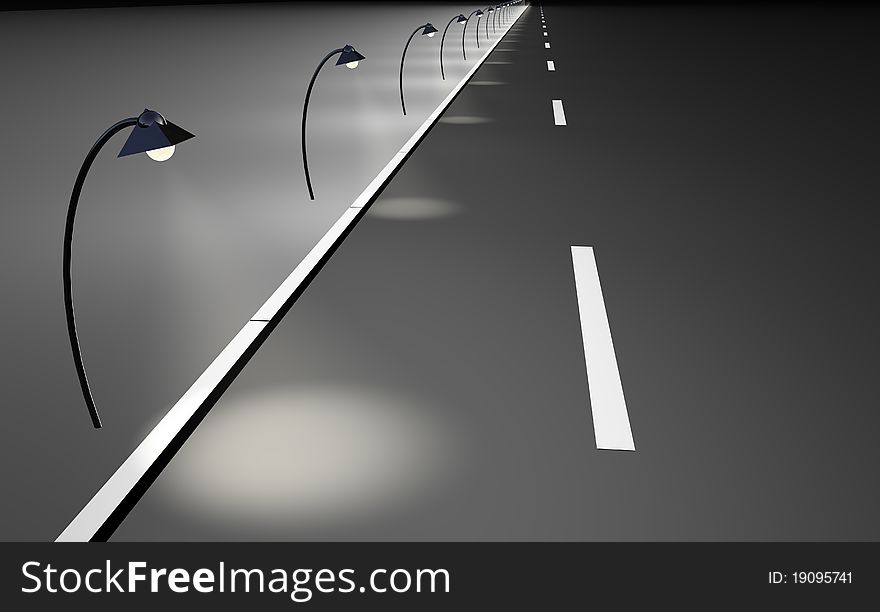 3D render of road with streetlights