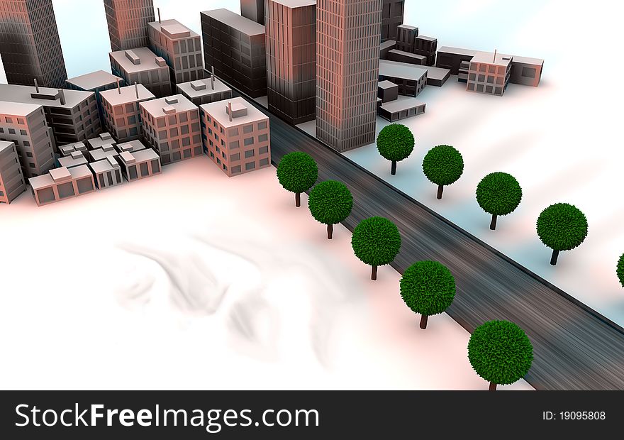 Road crossing a city on desert with trees. Road crossing a city on desert with trees