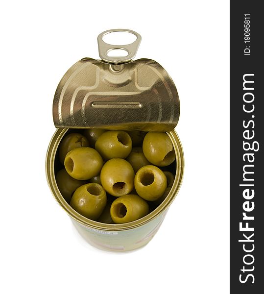 Olives are in a bank on a white background