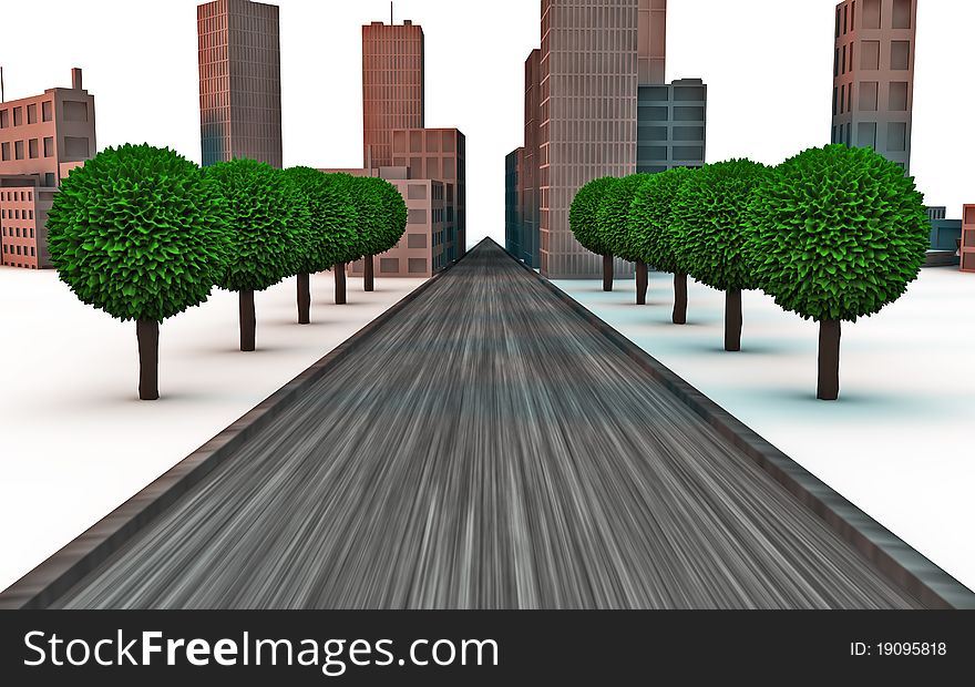 Road crossing a city on background with trees around