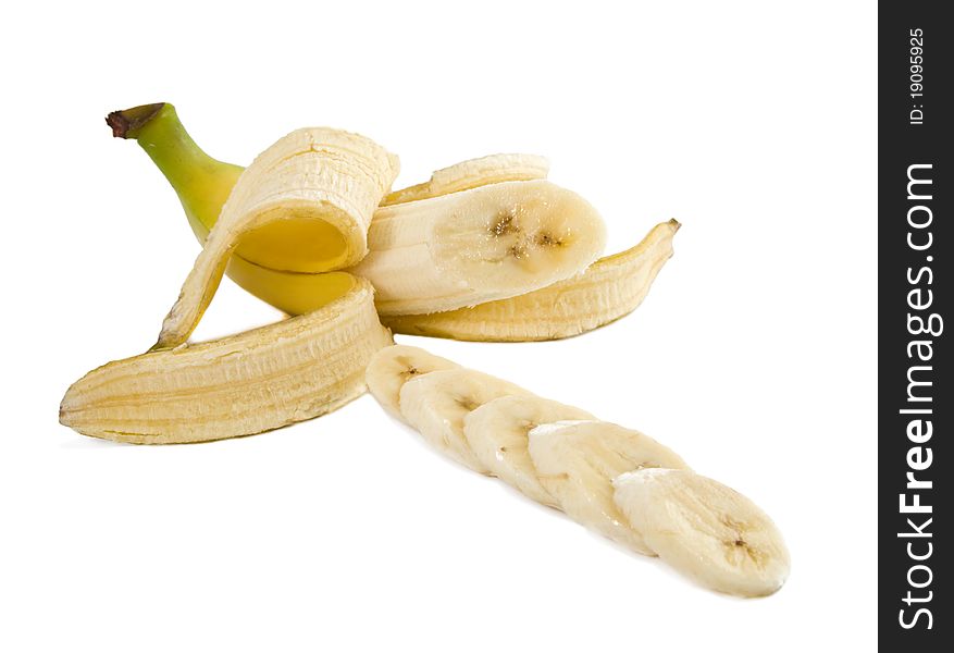 Banana with the cleared skin on a white background