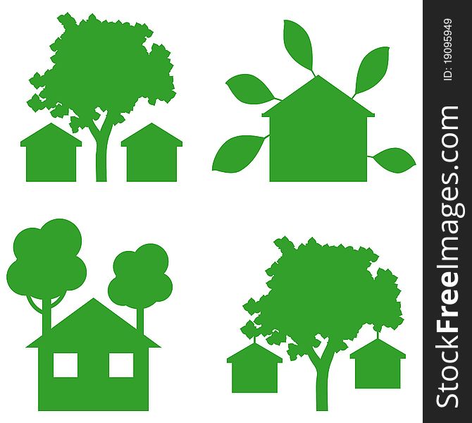 Illustration and contours of green houses icons