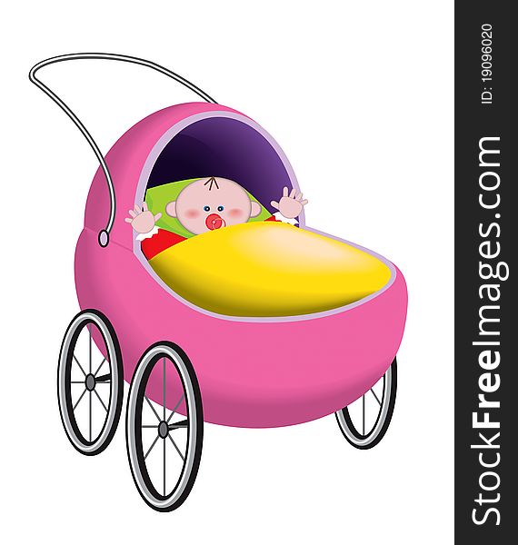 Cute baby with pacifier in pink baby carriage. Isolated on a white background. Cute baby with pacifier in pink baby carriage. Isolated on a white background.