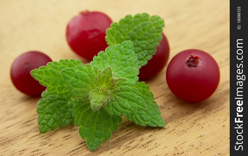 Fresh mint and cranberry on a wooden background