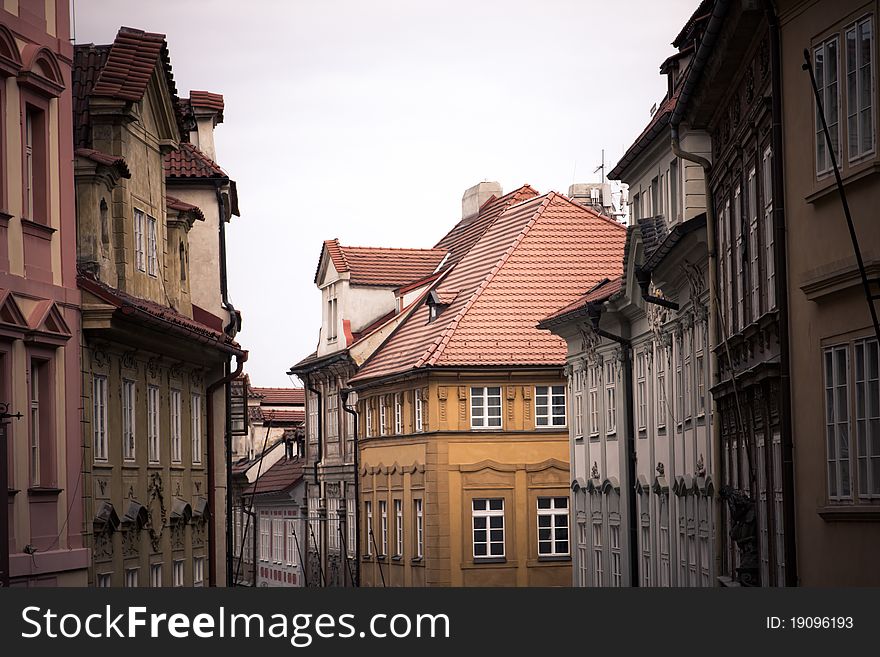 Street in Prague. Tile roofs.