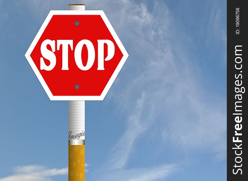 Stop cigarette road sign with cloud blue sky