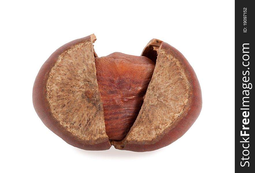 Chopped hazelnuts in the shell on a white background. Chopped hazelnuts in the shell on a white background.