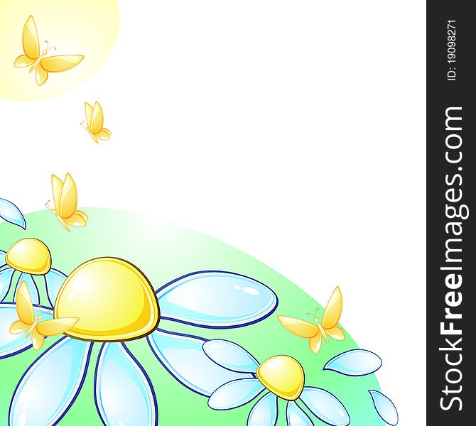 Glossy daisies and butterflies with copy space