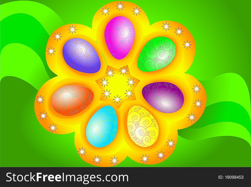 Basket with eggs on a green background. Basket with eggs on a green background.