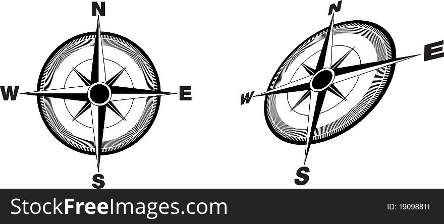 Illustration of a compass flat and at an angle. Illustration of a compass flat and at an angle