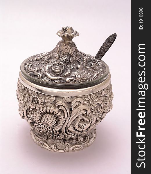 Silver Ornate Sugar Bowl with spoon. Silver Ornate Sugar Bowl with spoon