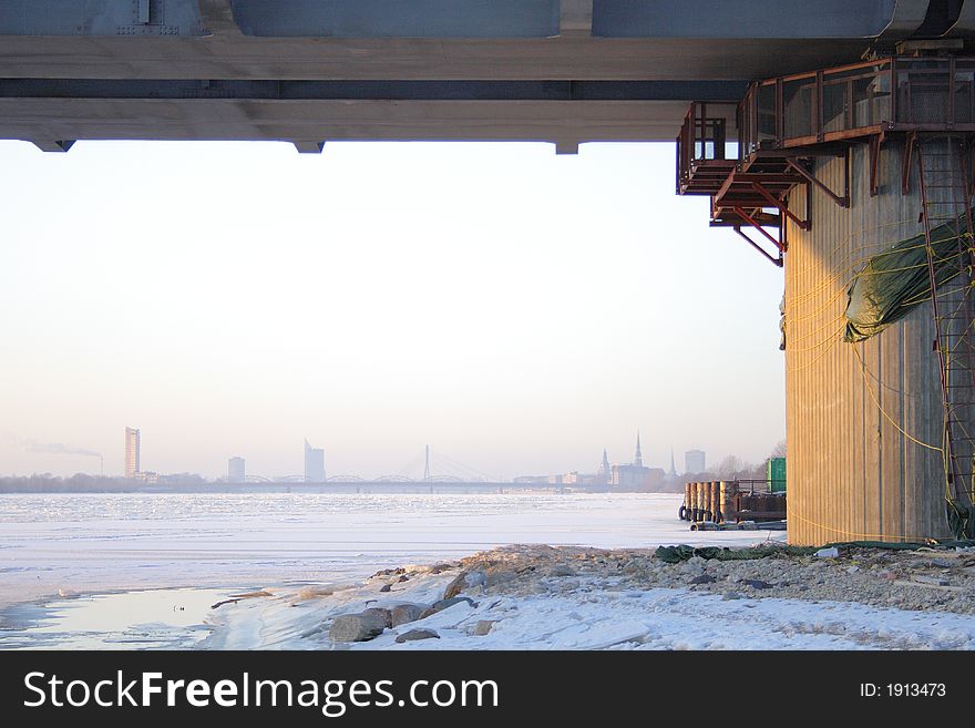 New Bridge Construction And Sight Of Riga