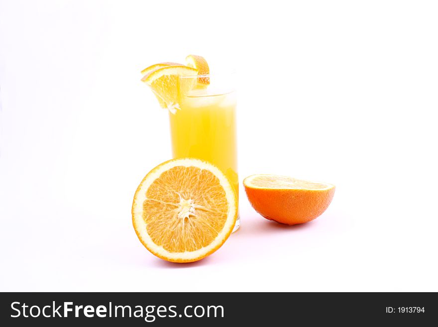 Orange juice and half-cut oranges isolated on white