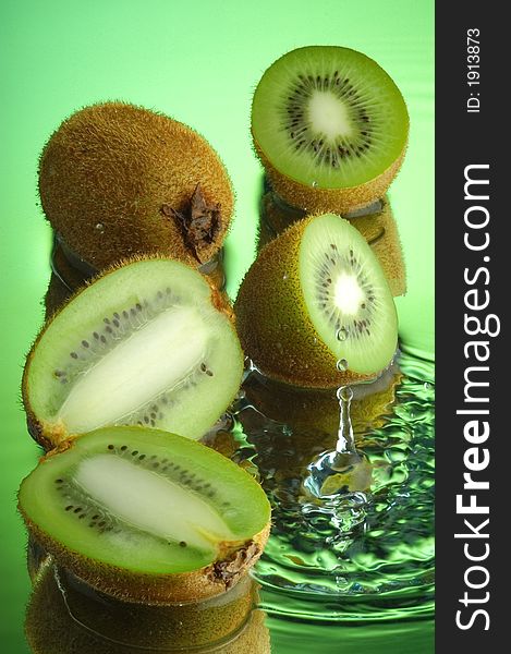 Kiwi, water and mirror surface. Kiwi, water and mirror surface
