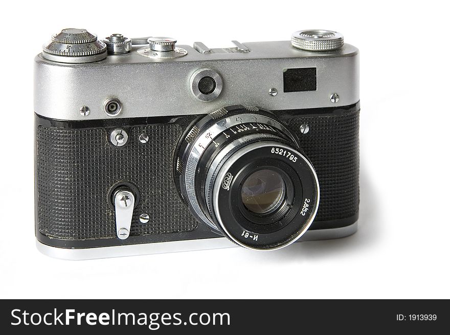 Old Russian film rangefinder camera isolated on white background. Old Russian film rangefinder camera isolated on white background