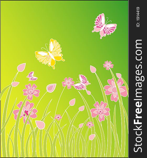 Illustration with green field and flower in bloom. Illustration with green field and flower in bloom