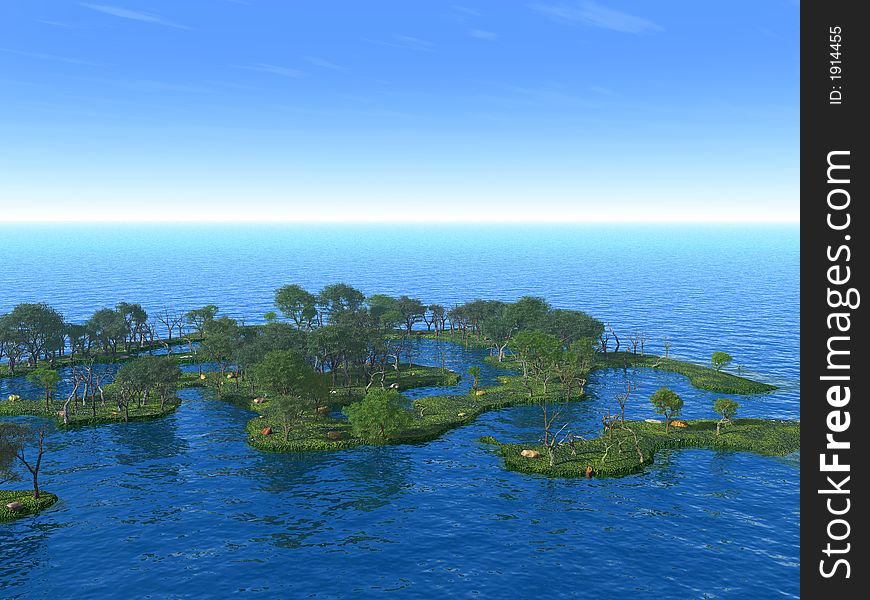 Small green islands with trees - 3d illustration. Small green islands with trees - 3d illustration.
