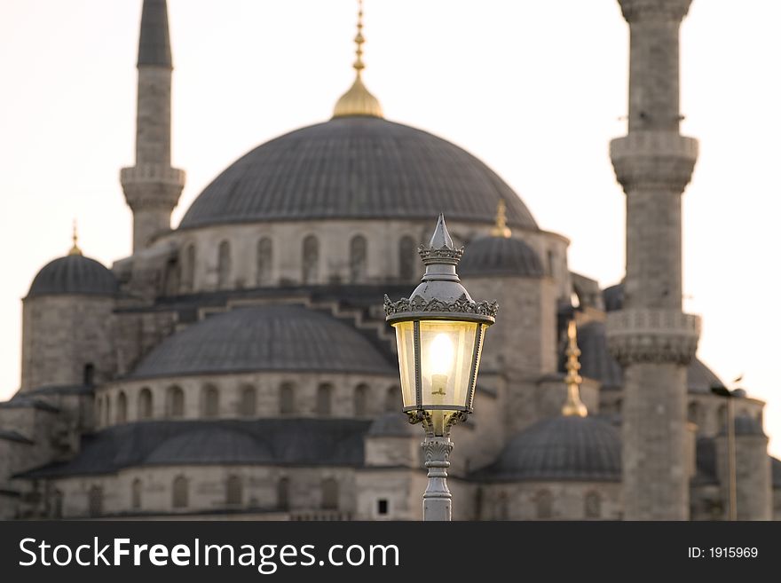 Famous Blue Mosque of Istanbul, with an old fashioned light pole in the foreground