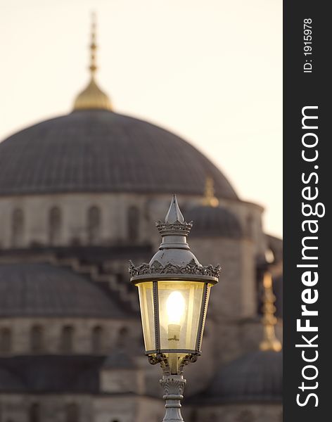 Famous Blue Mosque of Istanbul, with an old fashioned light pole in the foreground