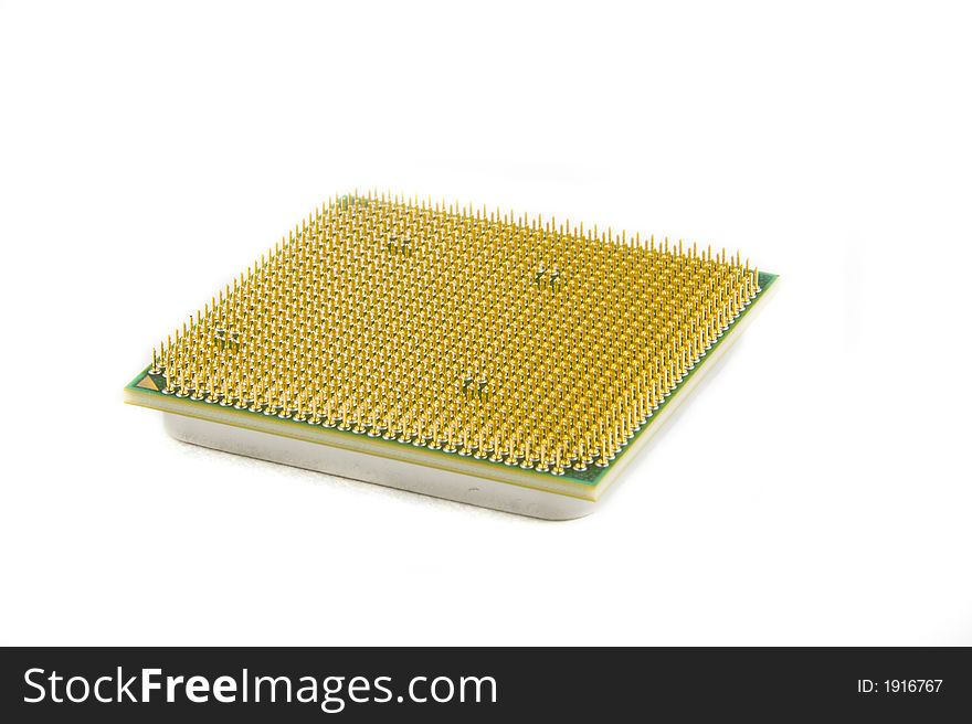 Close-up of a CPU with gold-plated contact pins. Isolated on white background. Close-up of a CPU with gold-plated contact pins. Isolated on white background.