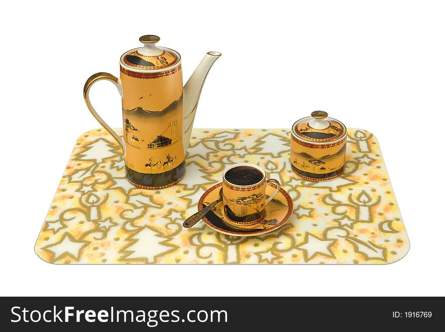 Cup, teapot, sugar bowl on tray