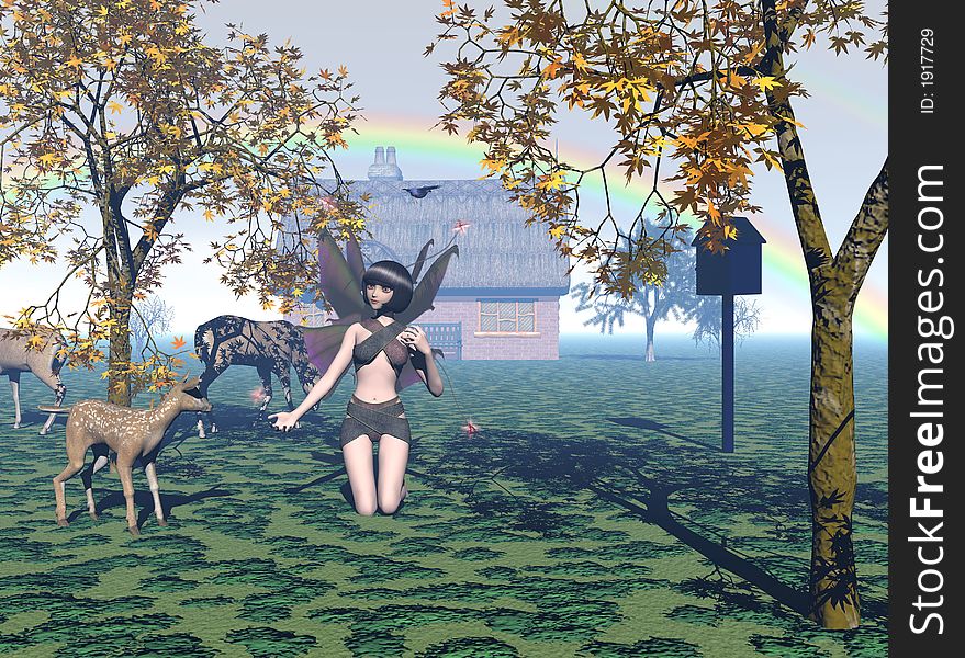 Computer generated scene of a fairy and fawn playing together. Computer generated scene of a fairy and fawn playing together
