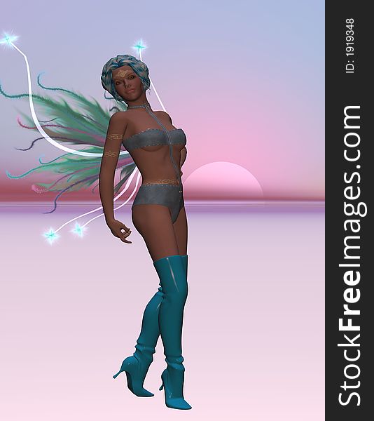 Computer generated scene of a young woman posing as a fairy. Computer generated scene of a young woman posing as a fairy