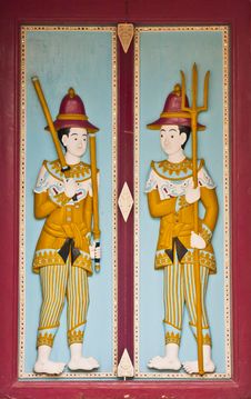 Thai Wooden Carving Door Guardian Pattern Stock Photos Thai Wooden Carving Door Guardian Pattern Stock Photos
