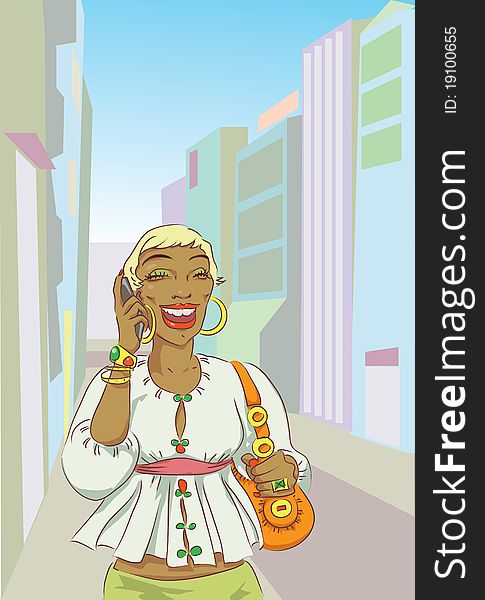 Caramel skinned curvaceous Marilyn's lookalike is chatting on the mobile with a broad smile on her face. Dressed in bright casual blouse with a lot of bling she is walking among pastel coloured city buildings. This JPEG is copy of original illustration saved in .ai format with separated layers. Caramel skinned curvaceous Marilyn's lookalike is chatting on the mobile with a broad smile on her face. Dressed in bright casual blouse with a lot of bling she is walking among pastel coloured city buildings. This JPEG is copy of original illustration saved in .ai format with separated layers.