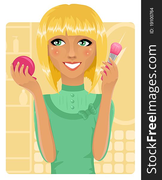 Girl applying powder with make-up brush