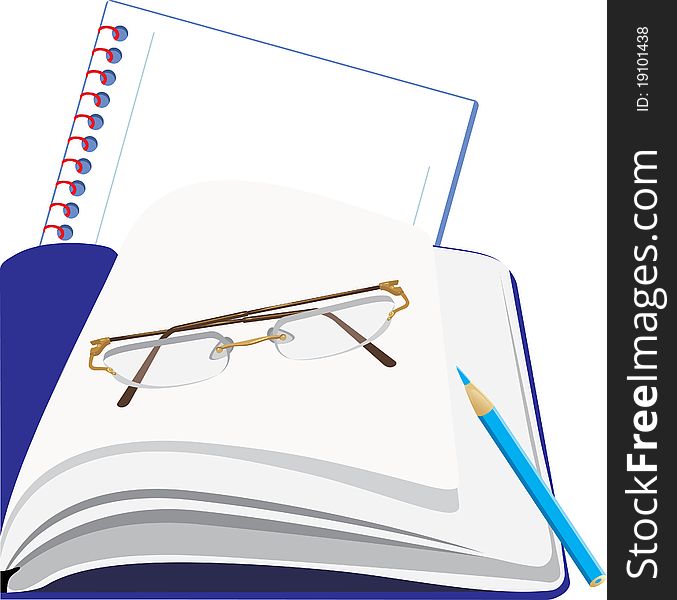 Notepad and glasses isolated on the white. Illustration