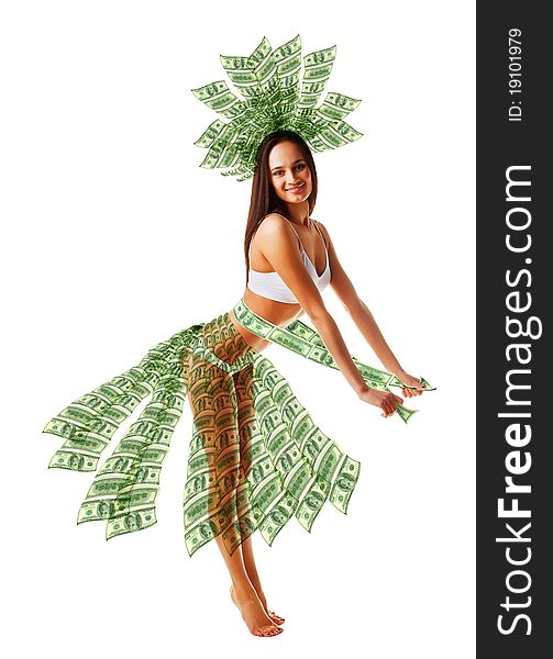 Happy Woman Dancing In Money Dress