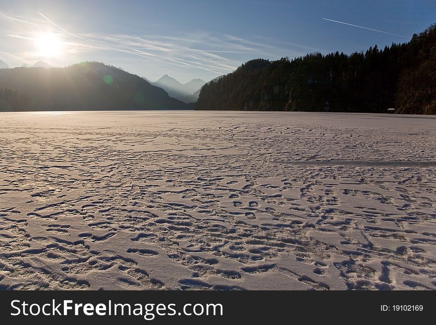 Frozen lake near to Neuschwanstein in Germany