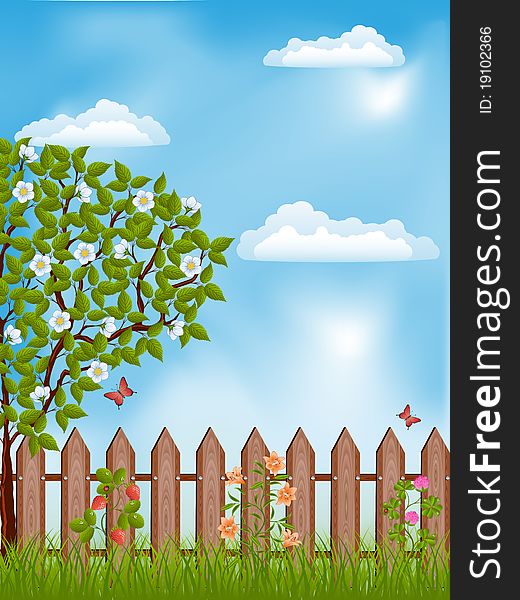 Nature landscape with a tree. Vector illustration.