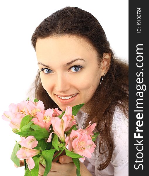 Beautiful woman with pink flowers lily isolated over white. Beautiful woman with pink flowers lily isolated over white
