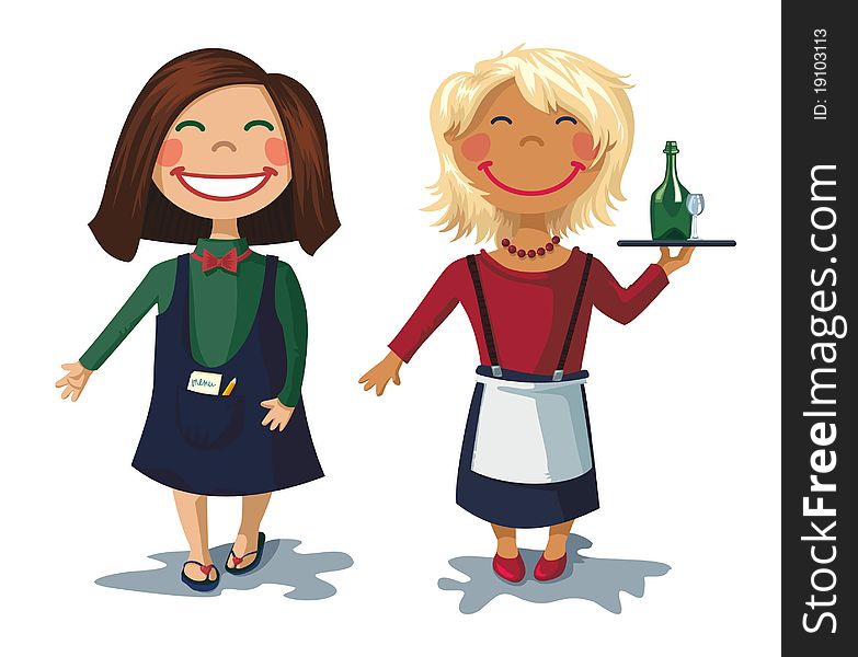 Cartoon characters - two cute girls are waitresses. girl smiling. blonde girl holding a tray with a bottle and a glass of wine. Cartoon characters - two cute girls are waitresses. girl smiling. blonde girl holding a tray with a bottle and a glass of wine