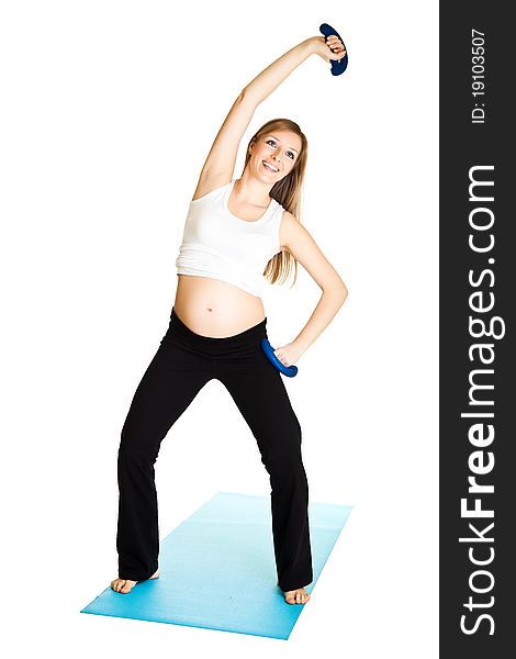 Pregnant caucasian woman fitness isolated on white background. Pregnant caucasian woman fitness isolated on white background