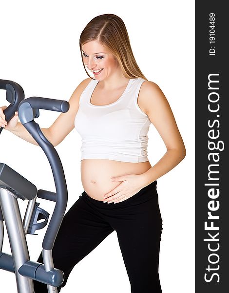 Pregnant caucasian woman fitness isolated on white background. Pregnant caucasian woman fitness isolated on white background