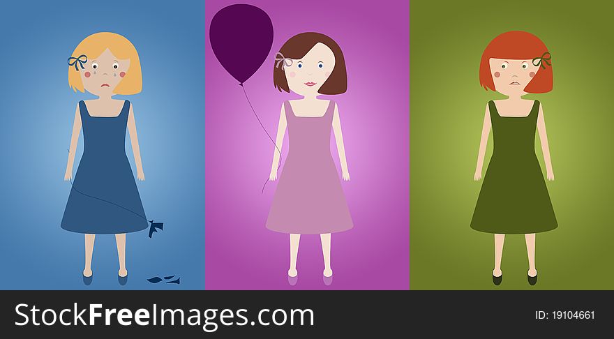 Colorful illustration of girls and their facial expressions. Colorful illustration of girls and their facial expressions.