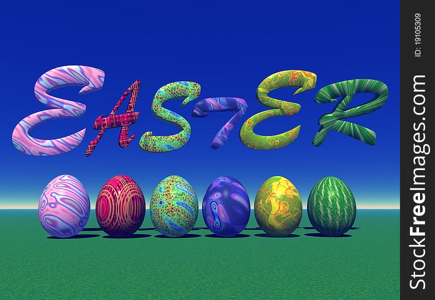 Six colored eggs for easter under easter letters in the grass and with blue sky. Six colored eggs for easter under easter letters in the grass and with blue sky